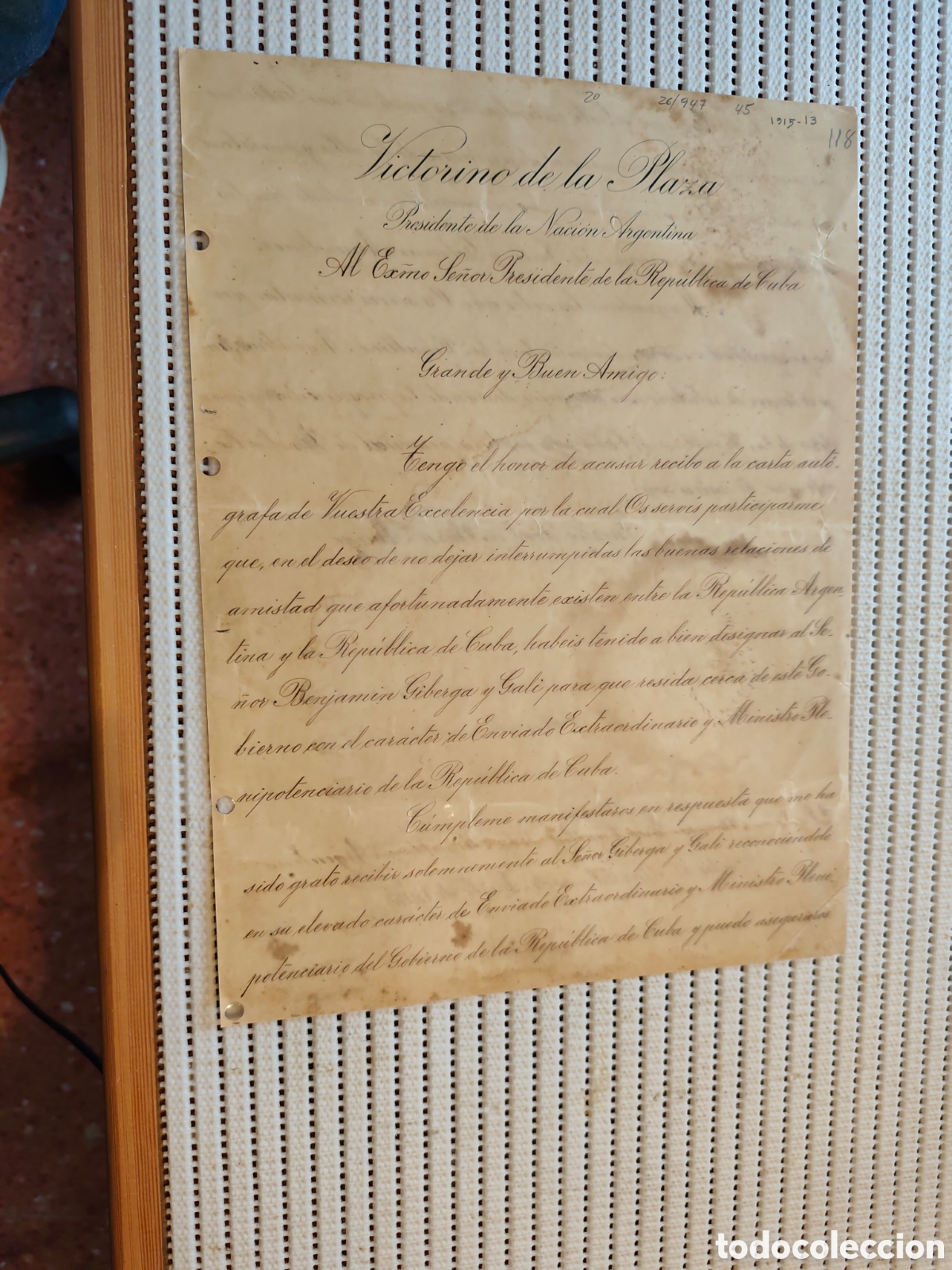 Documentos antiguos: 26-947 CARTA DEL PRESIDENTE DE ARGENTINA AL PRESIDENTE DE CUBA