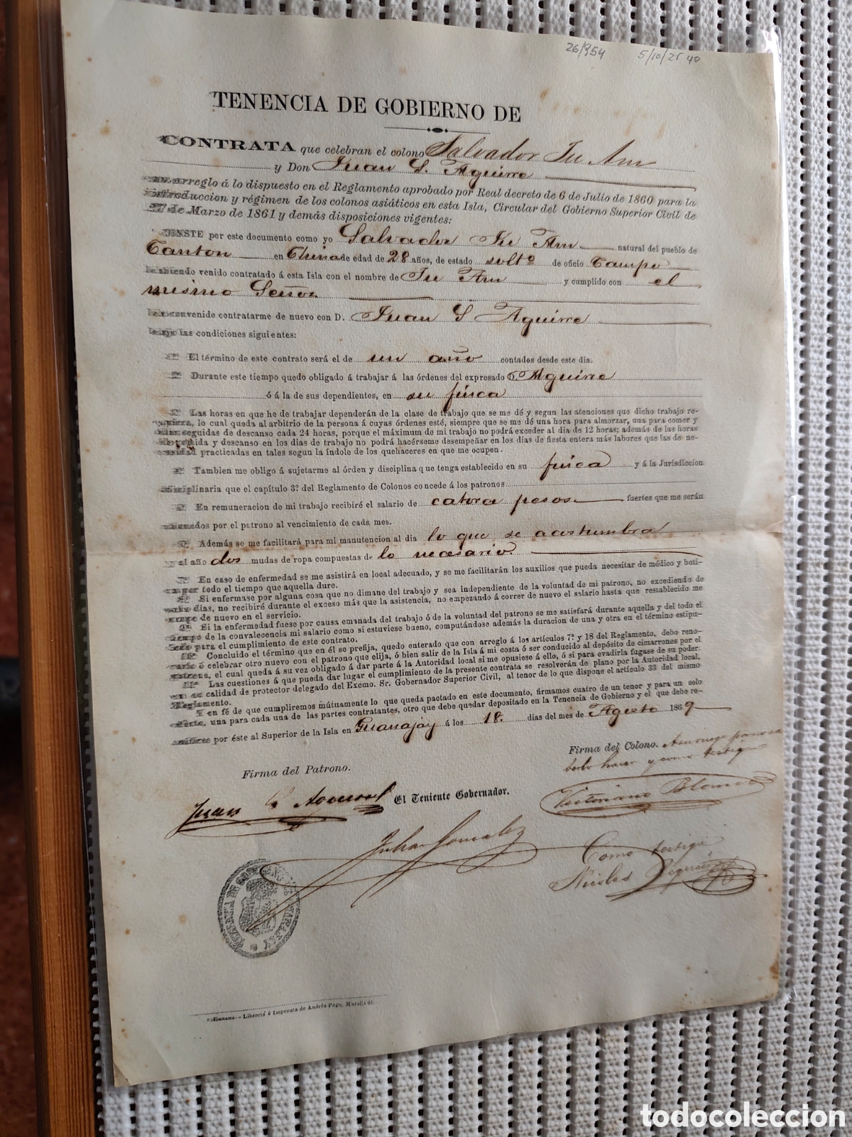 Documentos antiguos: 26-954 CONTRATA DE 1 COLONO CHINO EN GUANAJAY.