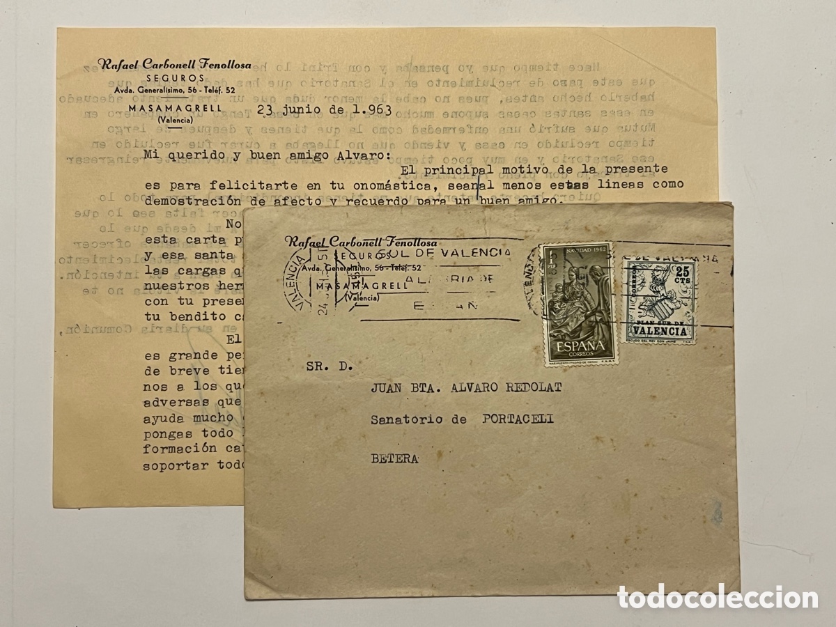 Documentos antigos: MASSAMAGRELL - PORTACELI.. Carta + sobre.. preocupaci&oacute;n y apoyo por el amigo enfermo (a.1963)