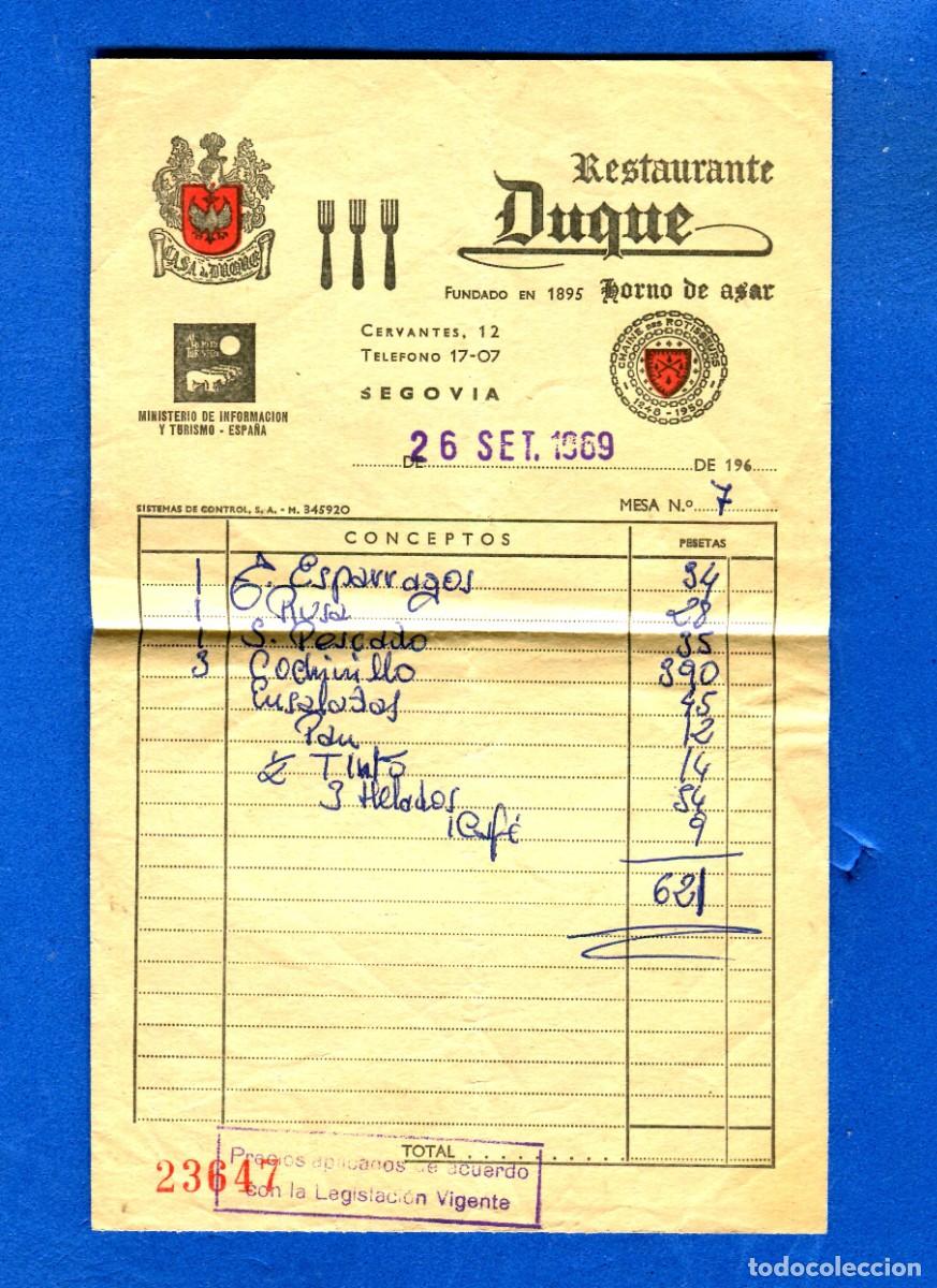Documentos antigos: FACTURA RESTAURANTE DUQUE SEGOVIA 1969