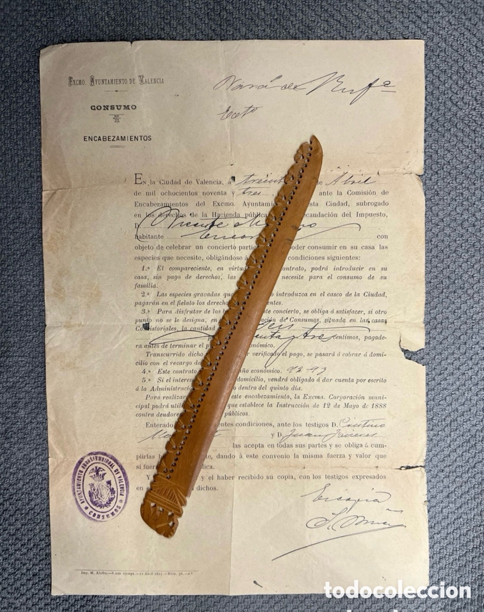 Alte Dokumente: VALENCIA, Vara de Ruzafa. Contrato y pago.. introducci&oacute;n en casa especies para el consumo (a.1893)