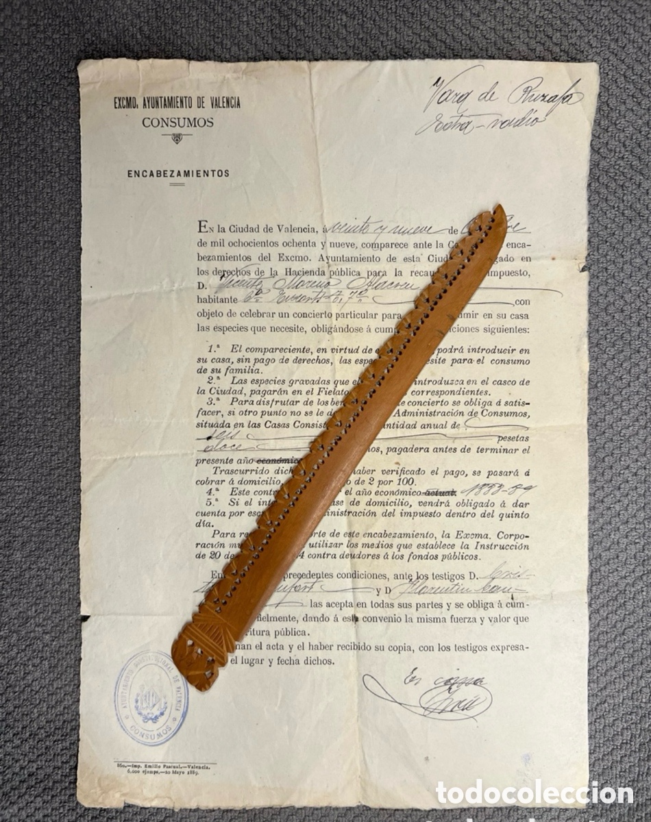Alte Dokumente: VALENCIA, Vara de Ruzafa. Contrato y pago.. introducci&oacute;n en casa especies para el consumo (a.1889)