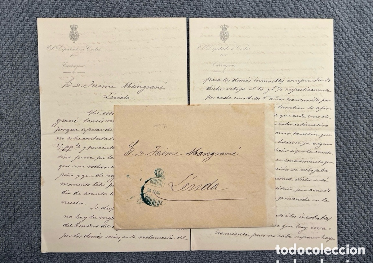 Documentos antigos: REUS Tarragona. Joan Vilella. Diputado a Cortes, asuntos legales. Carta a su amigo Mangrane (a.1891)