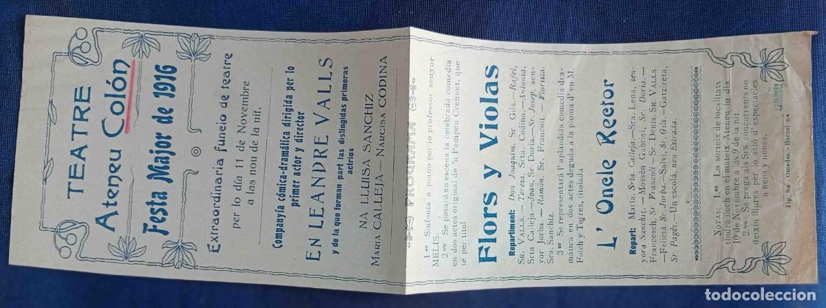 Documentos antiguos: TEATRE ATENEU COL&Oacute;N. FESTA MAJOR DE 1916. PROGRAMA D' EXPECTACLES. POBLE NOU, BARCELONA.