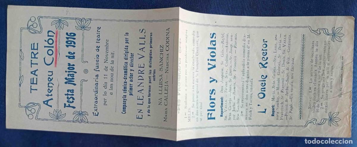 Documentos antiguos: TEATRE ATENEU COL&Oacute;N. FESTA MAJOR DE 1916. PROGRAMA D' EXPECTACLES. POBLE NOU, BARCELONA.