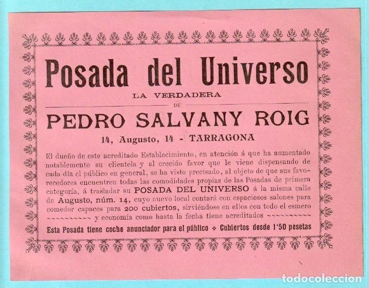 Documentos antiguos: HOJA VOLANTE. POSADA DEL UNIVERSO. PEDRO SALVANY ROIG. AUGUSTO, 14. TARRAGONA.
