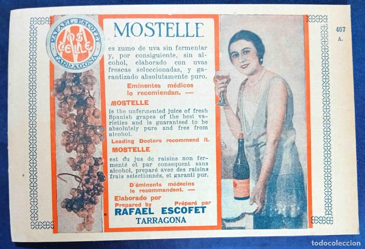 Documentos antiguos: MOSTELLE. ZUMO DE UVA SIN FERMENTAR. ELABORADO POR RAFAEL ESCOFET, TARRAGONA, 1928.