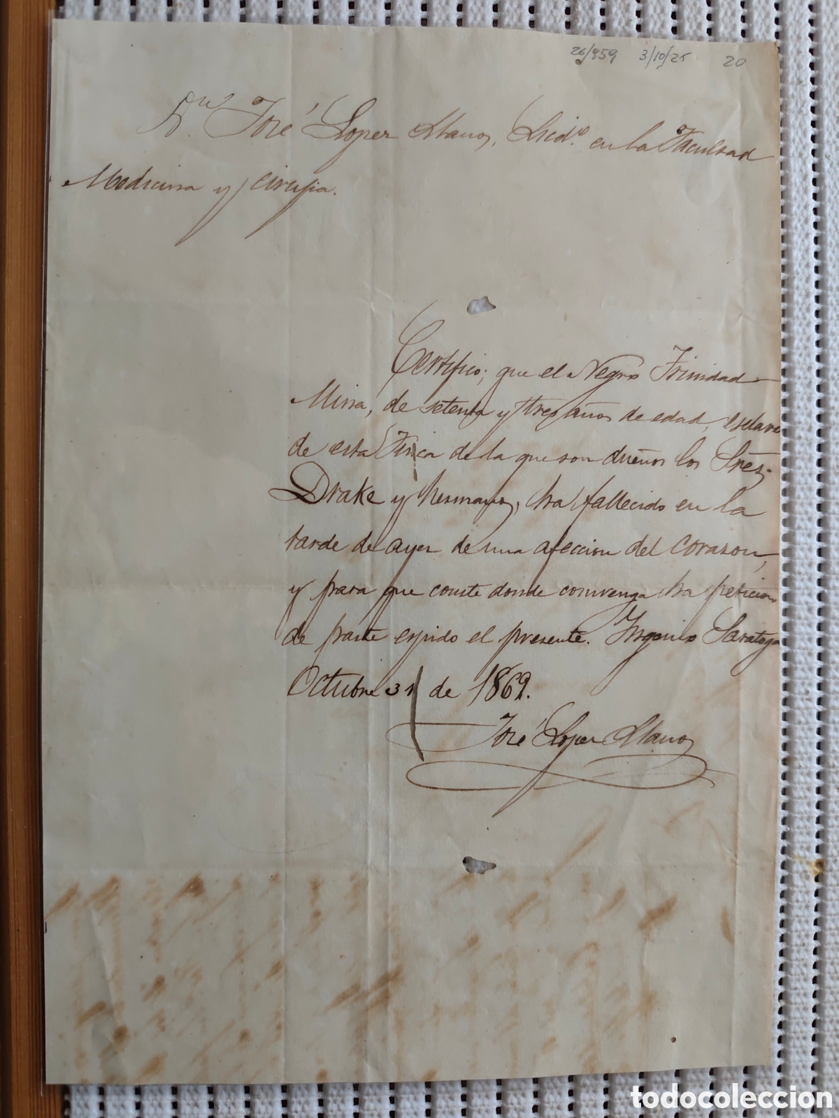 Documentos antiguos: 26-959 FALLECIMIENTO DEL NEGRO TRINIDAD,73 A&Ntilde;OS.