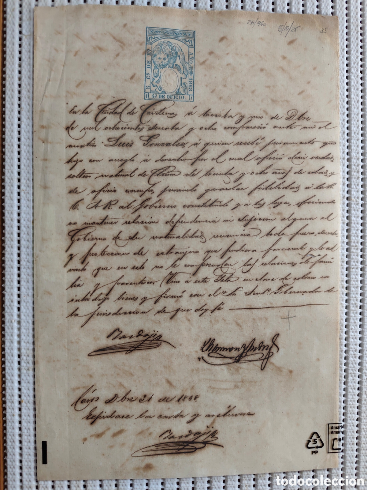 Documentos antiguos: 26-960 EL ASI&Aacute;TICO LUIS ,JURO GUARDAR FIDELIDAD AL GOBIERNO DE CUBA.