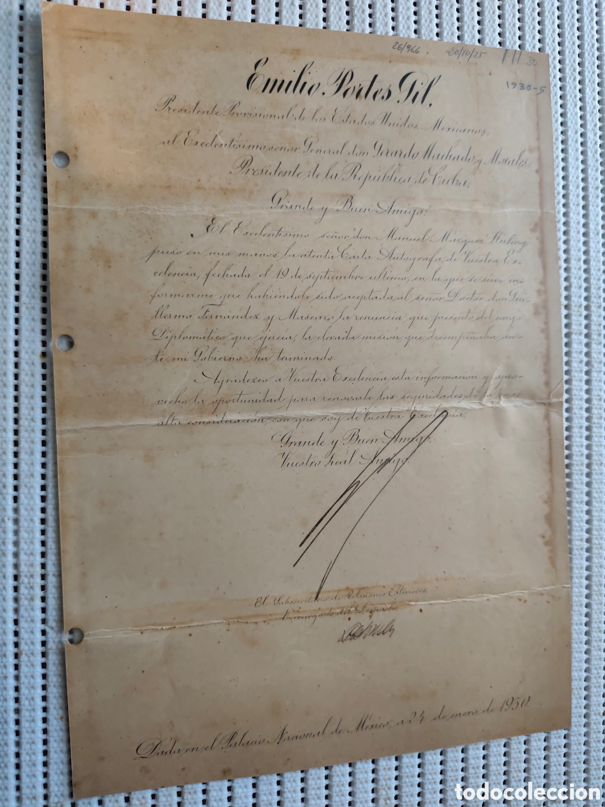 Documentos antiguos: 26-966 EMILIO PORTES GIL.PRESIDENTE PROVISIONAL DE LOS ESTADOS UNIDOS MEXICANOS.