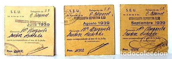 Documentos antigos: 3 cuotas SEU : S F Cardenal Cisneros 1939. (Firmas y sellos. 7 cm. Guerra Civil)