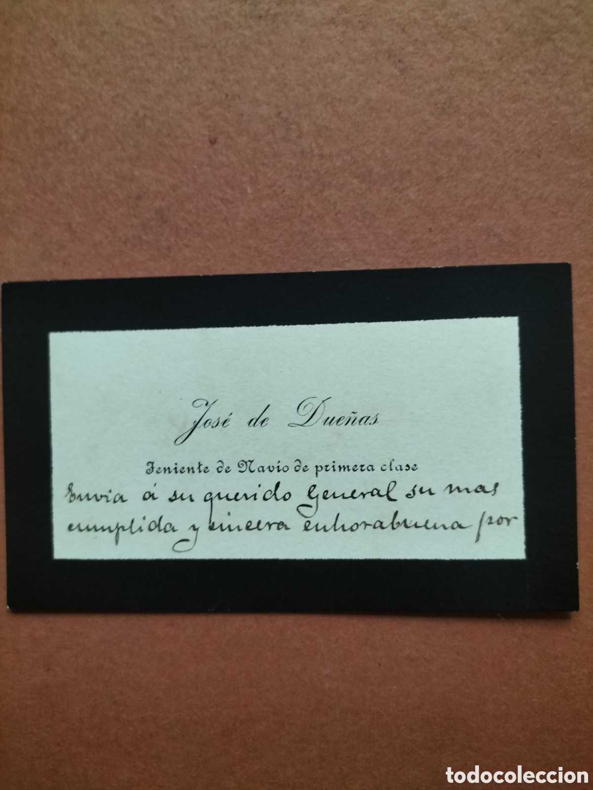 Documentos antigos: Antigua Tarjeta Personal. Jos&eacute; de Due&ntilde;as. Teniente de Nav&iacute;o de 1a Clase. Siglo XIX.