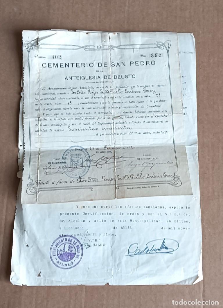 Documentos antiguos: Cementerio de San Pedro de la anteiglesia de Deusto 1924 cuidado de conservaci&oacute;n del cementerio y un