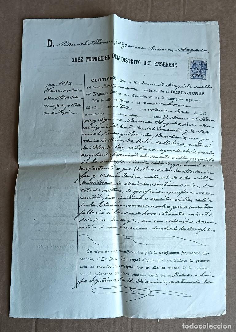 Documentos antiguos: Documento de acta de defunci&oacute;n oficial desde Leonardo Madariaga Armentia Bilbao 1911