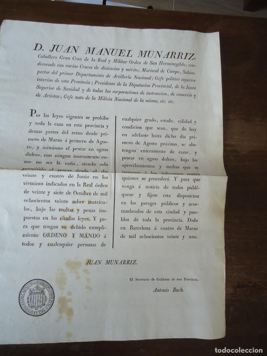 Documents Anciens: BANDO. CAZA Y PESCA. JUAN MANUEL MUNARRIZ. BARCELONA 1821. 42 x 30