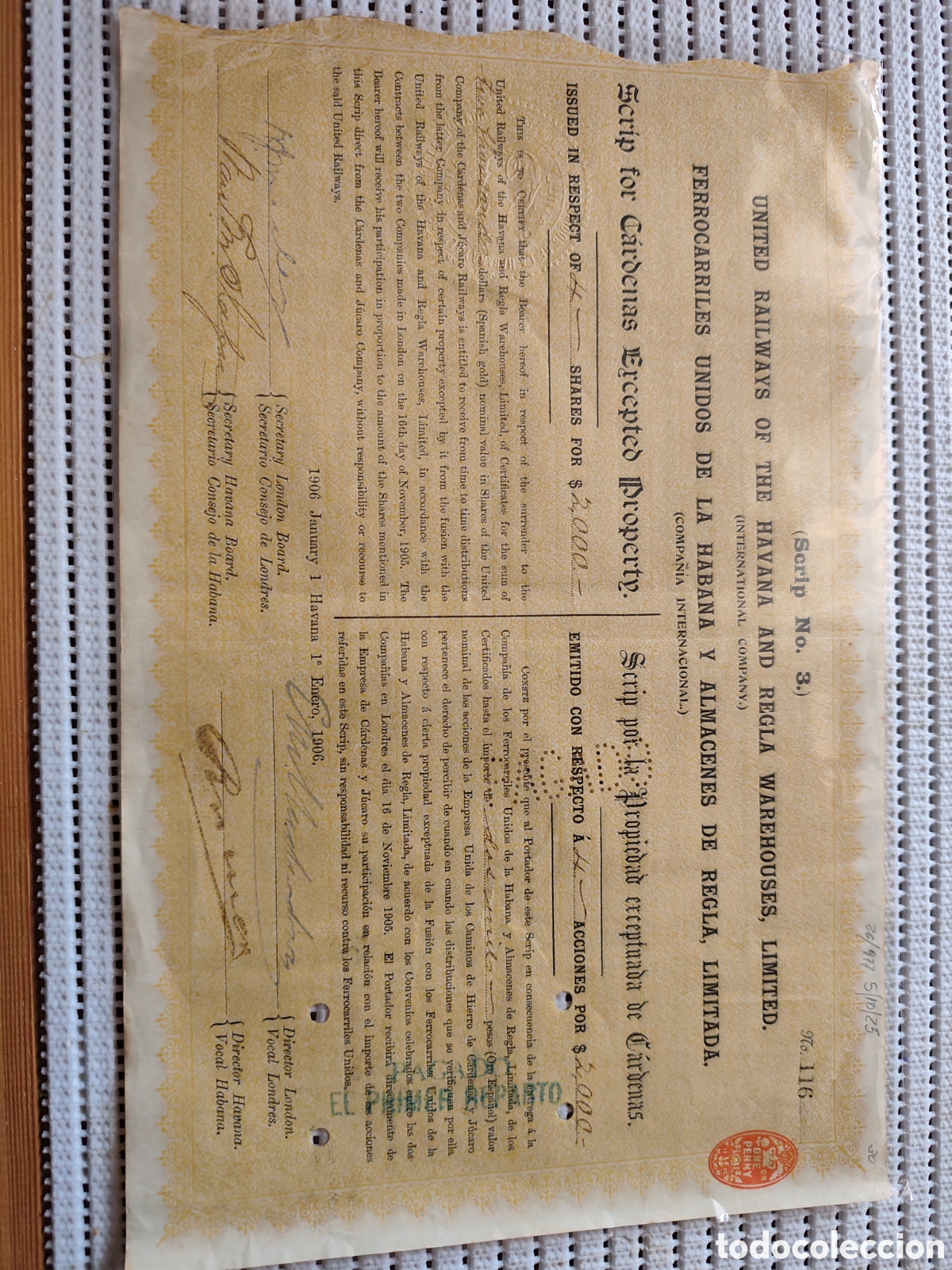 Documentos antiguos: 26-977 CUATRO ACCIONES DE LA COMPA&Ntilde;&Iacute;A FERROCARRILES UNIDOS HABANA.