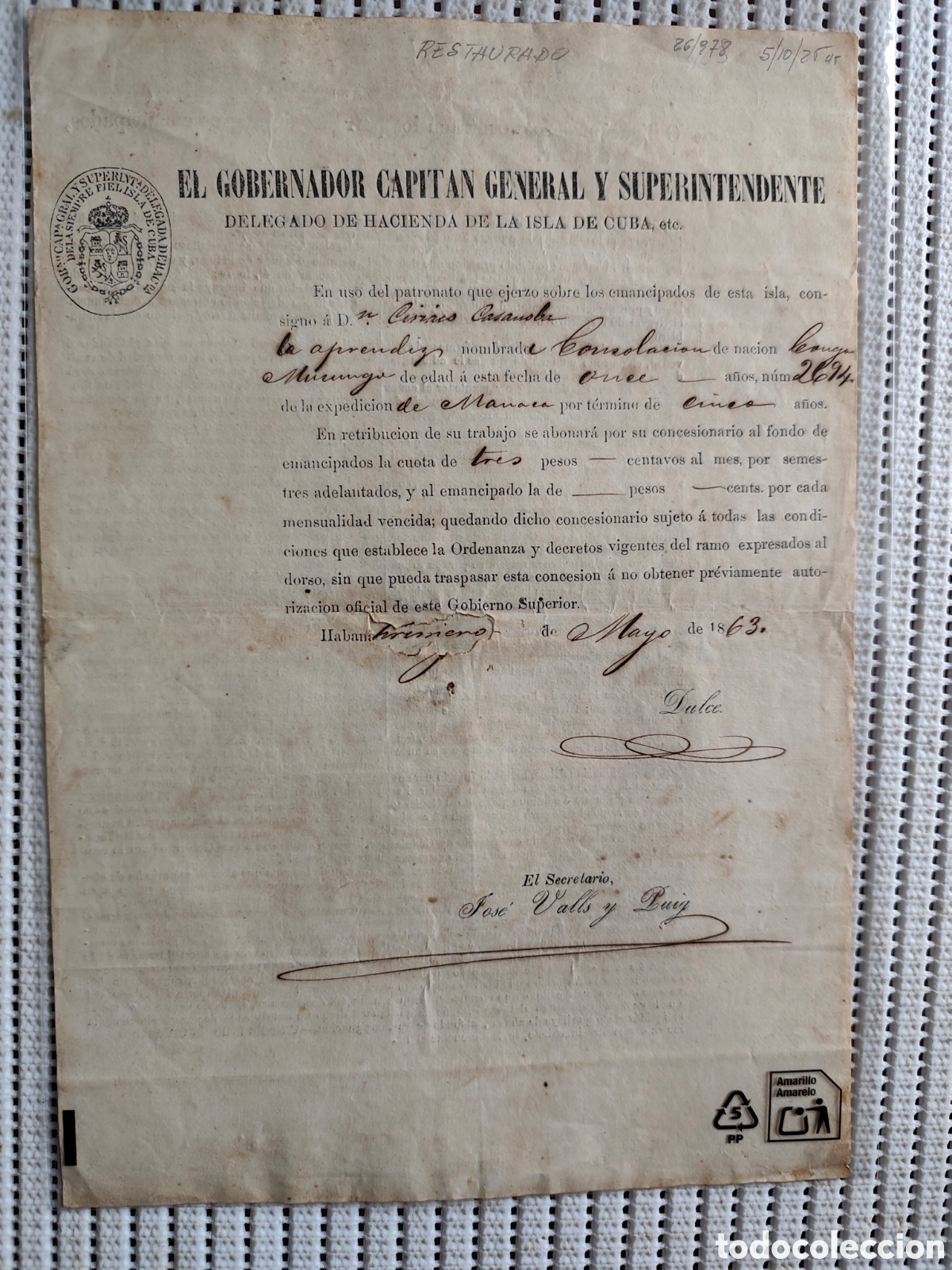 Documentos antiguos: 26-978 CONSIGNO A D.CIRIACO CASANOBA LA APRENDIZ DE 11 A&Ntilde;OS,TERMINO 5 A&Ntilde;OS.