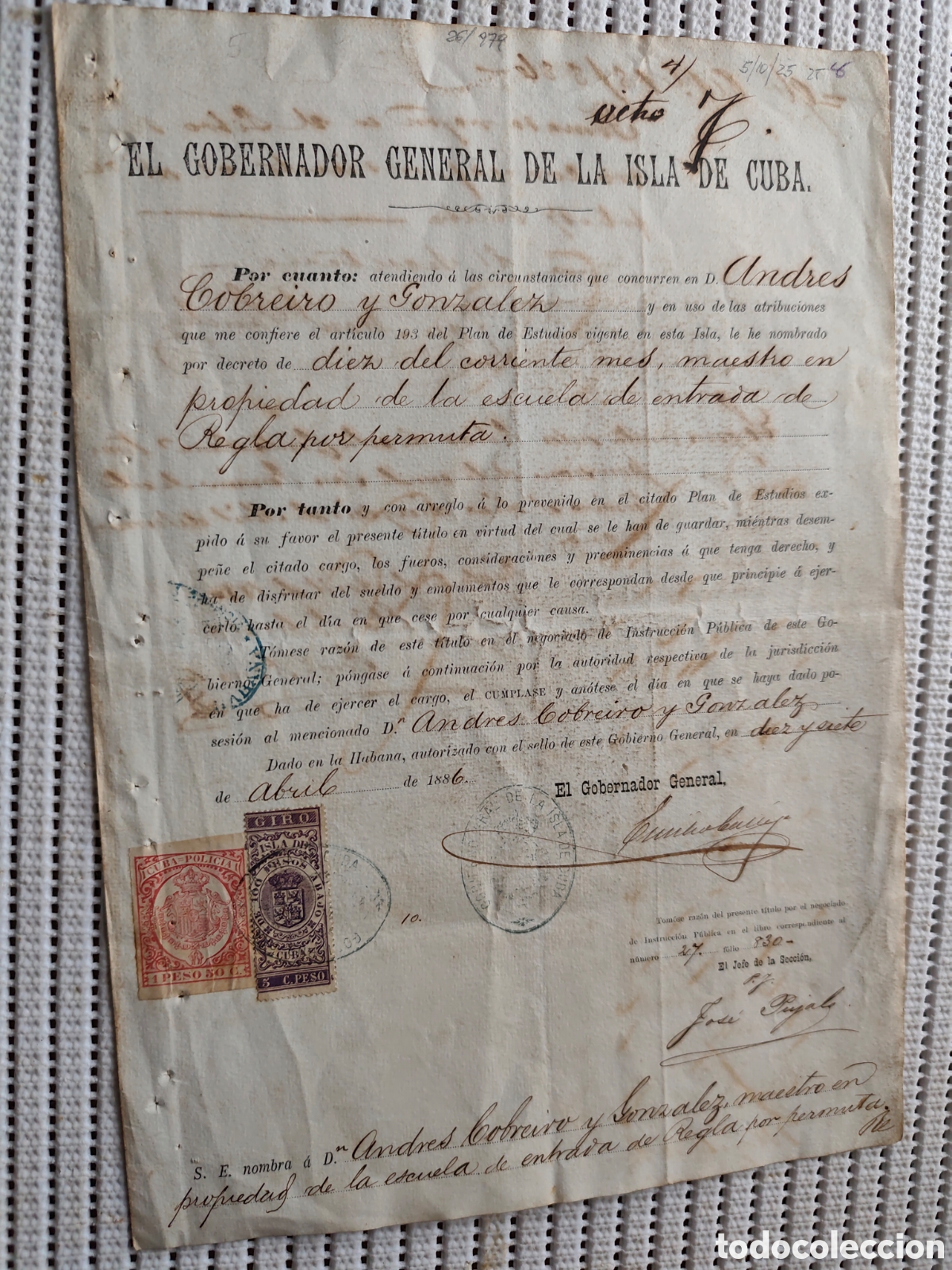 Documentos antiguos: 26-979 SE NOMBRA A D.ANDRES COBREIRO, MAESTRO DE LA ESCUELA DE REGLA.