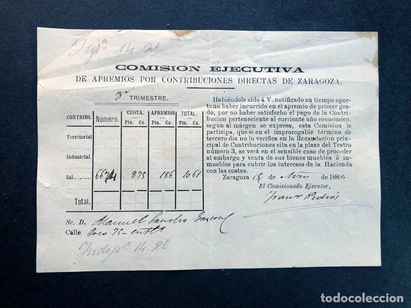 Documentos antiguos: ZARAGOZA A&Ntilde;O 1884 / CONTRIBUCI&Oacute;N DIRECTA POR USO DE SAL
