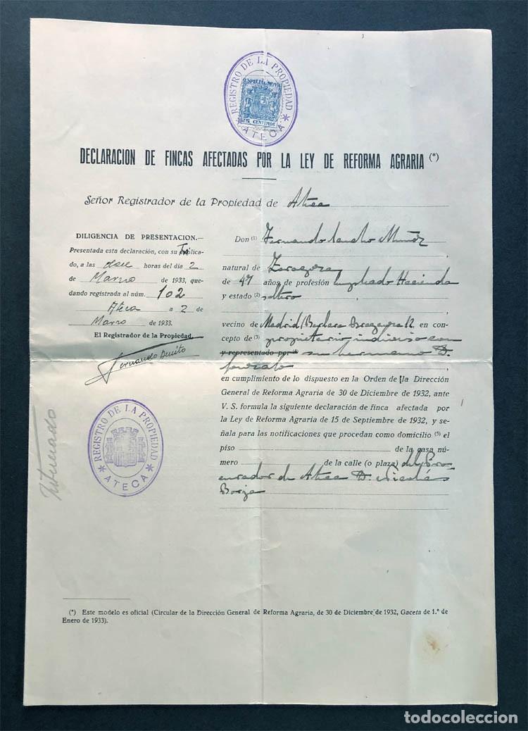 Documentos antiguos: ATECA 1933 ( Zaragoza ) DECLARACI&Oacute;N FINCAS AFECTADAS POR LA REFORMA AGRARIA / REP&Uacute;BLICA ESPA&Ntilde;OLA