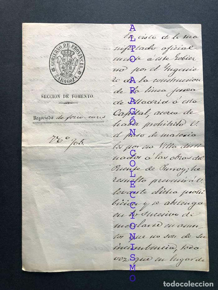 Documentos antiguos: FERROCARRIL MADRID - ZARAGOZA 1861 / SOBRE PROHIBICI&Oacute;N PASO DE MATERIALES PARA PUENTE DE PURROY