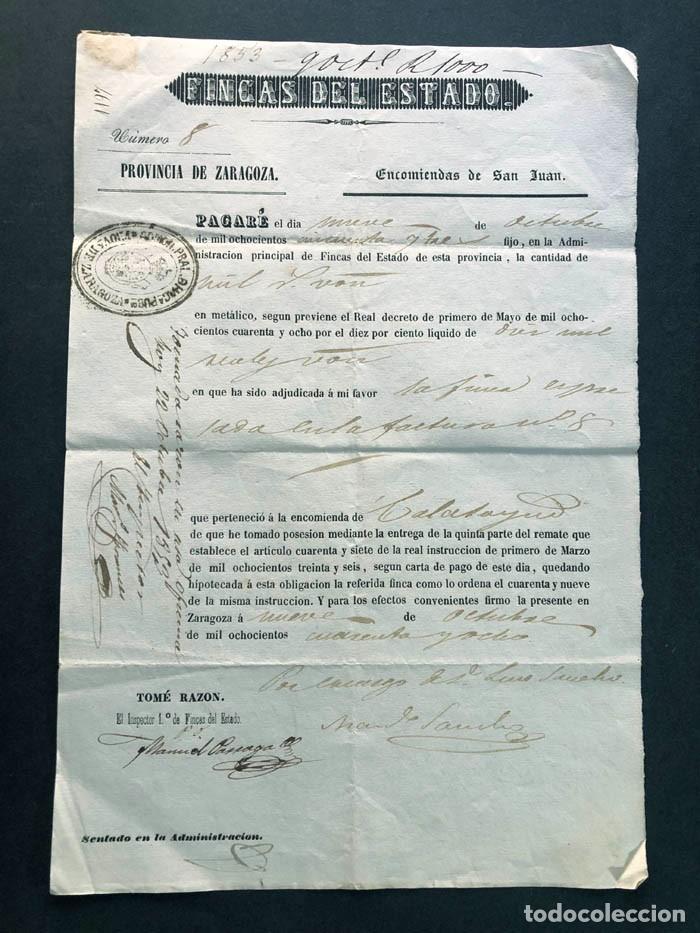 Documentos antiguos: ZARAGOZA 1848 / PAGAR&Eacute; VENTA FINCAS ESTADO ( DESAMORTIZACI&Oacute;N ) ENCOMIENDAS DE SAN JUAN - CALATAYUD
