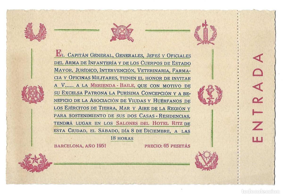Documentos antiguos: TARJET&Oacute;N INVITACI&Oacute;N A LA MERIENDA BAILE. ASOCIACI&Oacute;N VIUDAS Y HU&Eacute;RFANOS EJ&Eacute;RCITO TIERRA. 1951