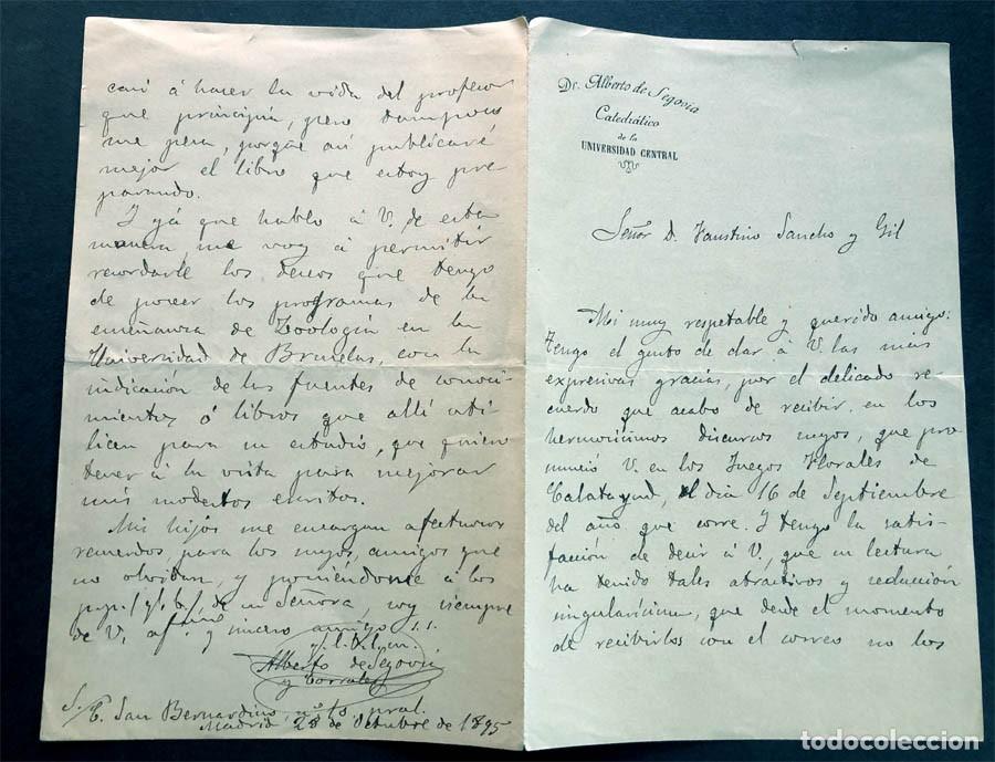 Documentos antiguos: CARTA A&Ntilde;O 1895 / ALBERTO DE SEGOVIA ( naturalista y escritor ) a FAUSTINO SANCHO Y GIL ( Zaragoza )