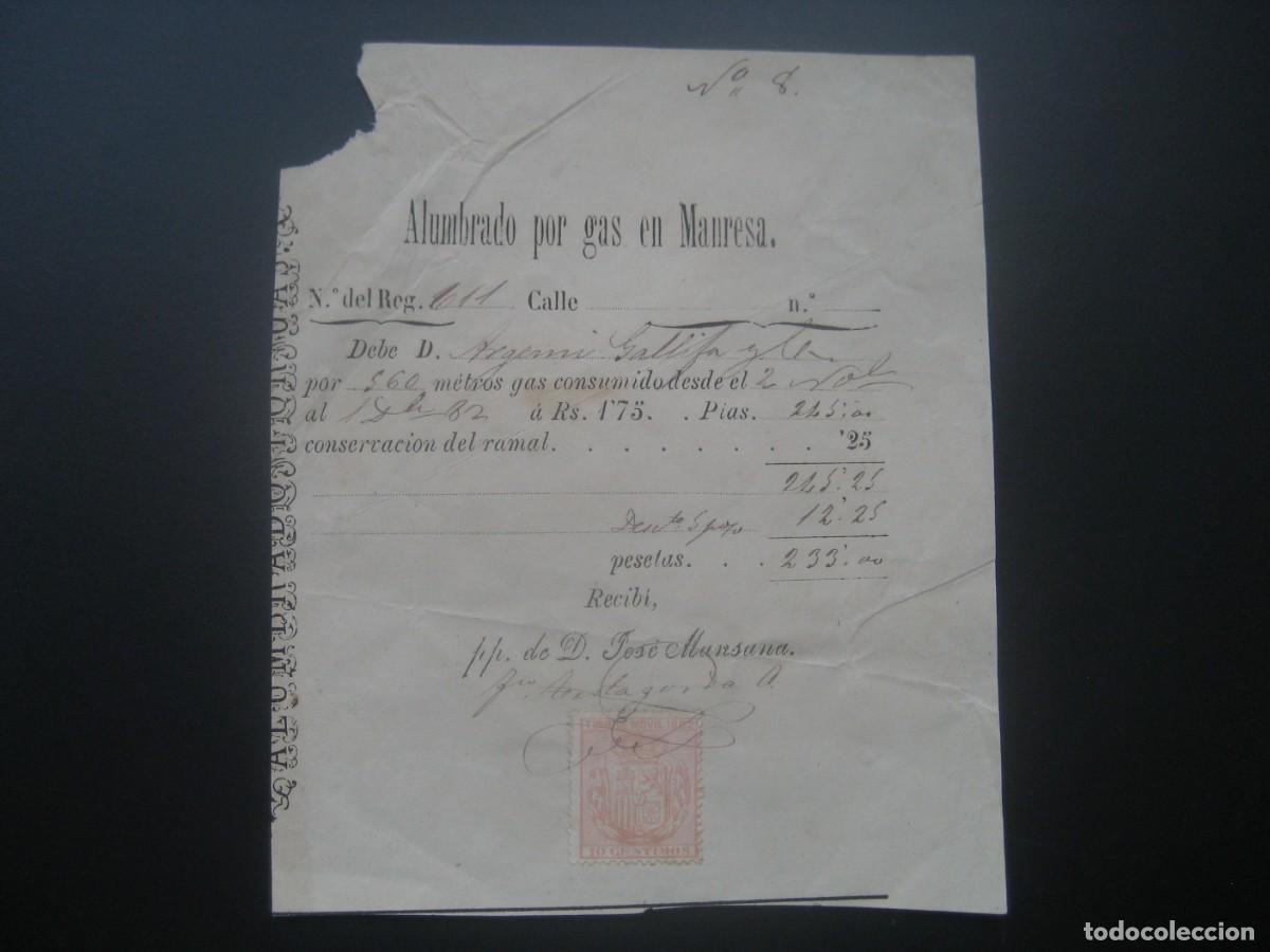 Documents Anciens: RECIBO ALUMBRADO POR GAS EN MANRESA 1882. CON SELLOS