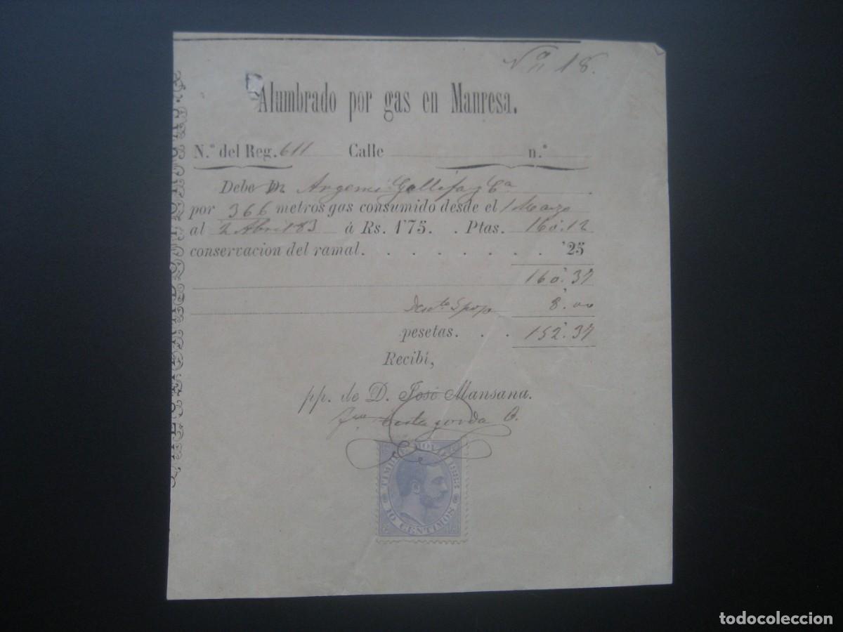 Documentos antiguos: RECIBO ALUMBRADO POR GAS EN MANRESA 1883. CON SELLOS