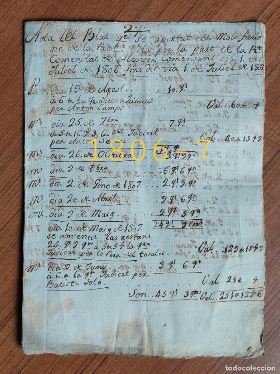 Documentos antiguos: ALCOVER TARRAGONA NOTA DEL BLAT PORTAT AL MOL&Iacute; FARINER 1806-1807
