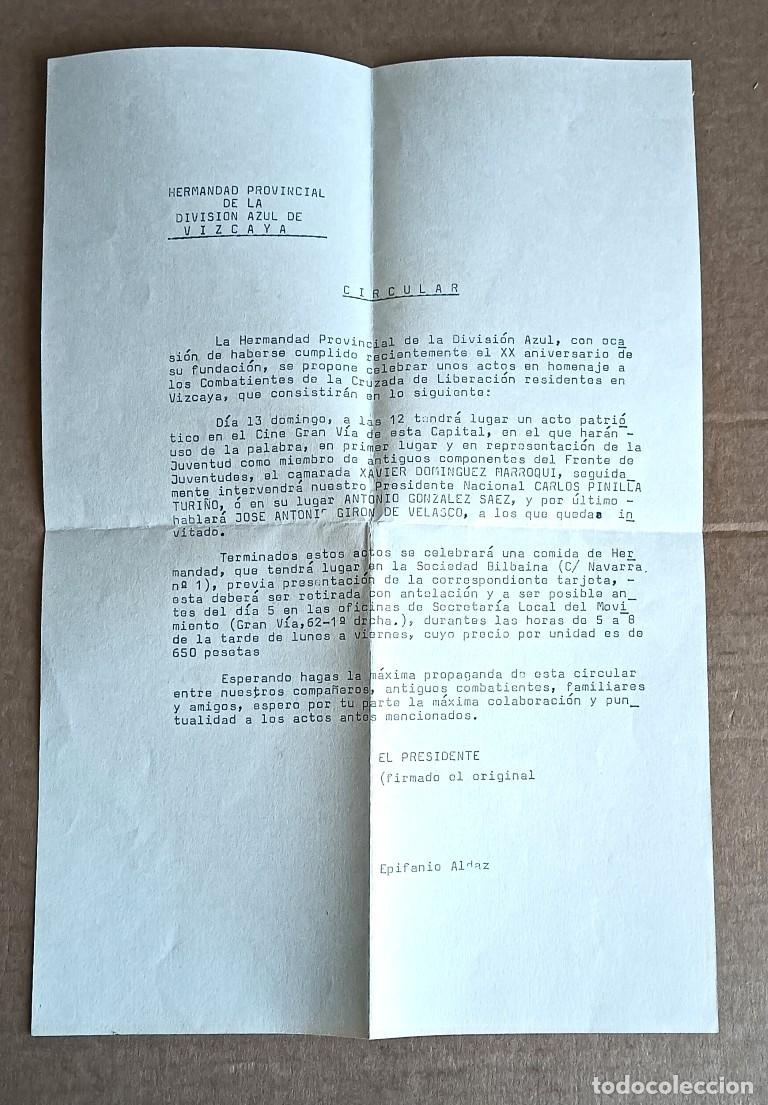Documentos antiguos: Circular hermandad provincial de la Divisi&oacute;n Azul de Vizcaya se va a celebrar por su 20 aniversario