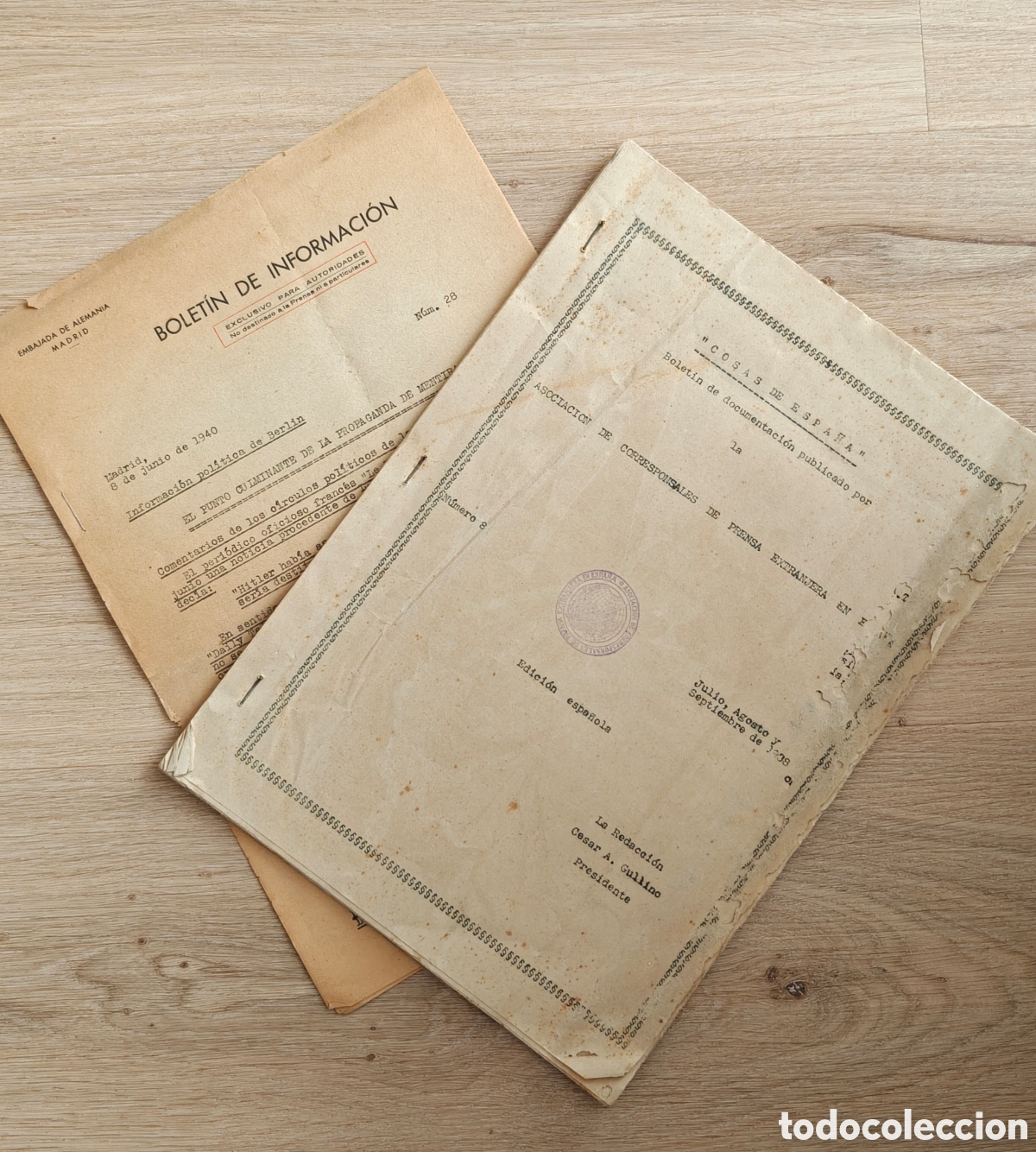 Documentos antiguos: Bolet&iacute;n de informaci&oacute;n 1940 y &rdquo;Cosas de Espa&ntilde;a&rdquo;, C&eacute;sar A. Gullino 1938