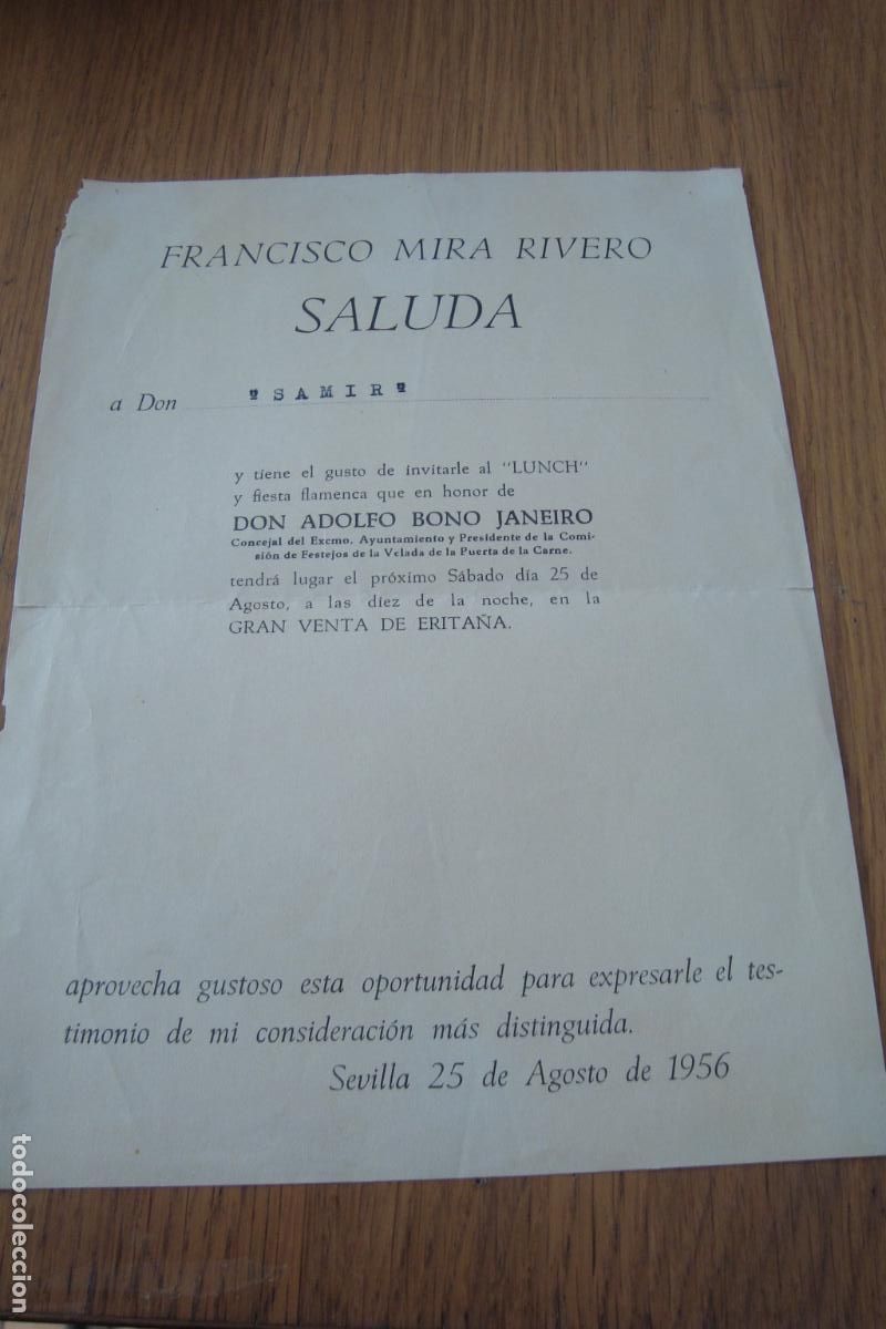 Documentos antiguos: INVITACION FRANCISCO MIRA RIVERO-FIESTA FLAMENCA ADOLFO BONO JANEIRO. MAGO SAMIR. SEVILLA 1956