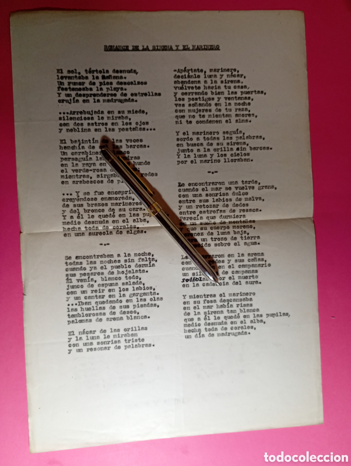 Documentos antiguos: Poema Mecanografiado Antiguo Romance de la Sirena y el Marinero - M. Ben&iacute;tez Carrasco. &Uacute;nico