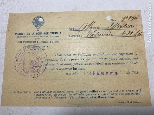 Documentos antiguos: Institut de la Dona que Treballa. Barcelona 1933. Recibo de cuota.