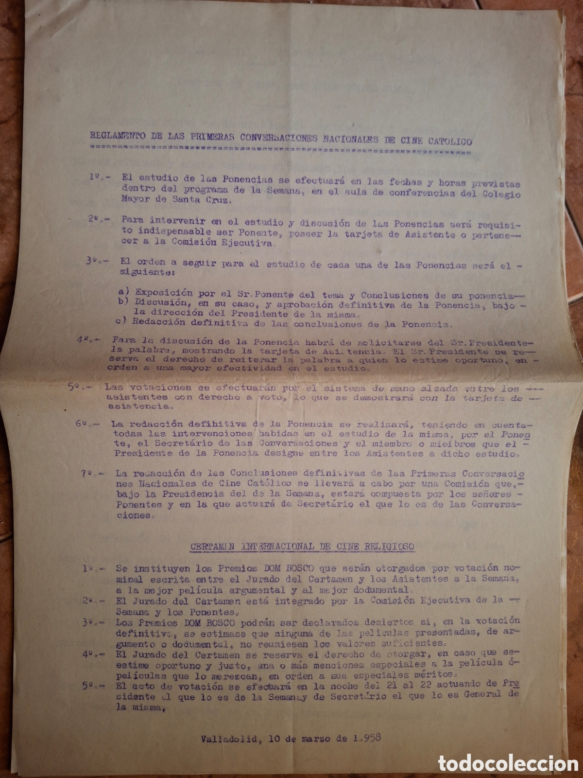 Documentos antiguos: Documento Hist&oacute;rico SEMINCI 1958 - Reglamento Original In&eacute;dito Premios Don Bosco - Valladolid