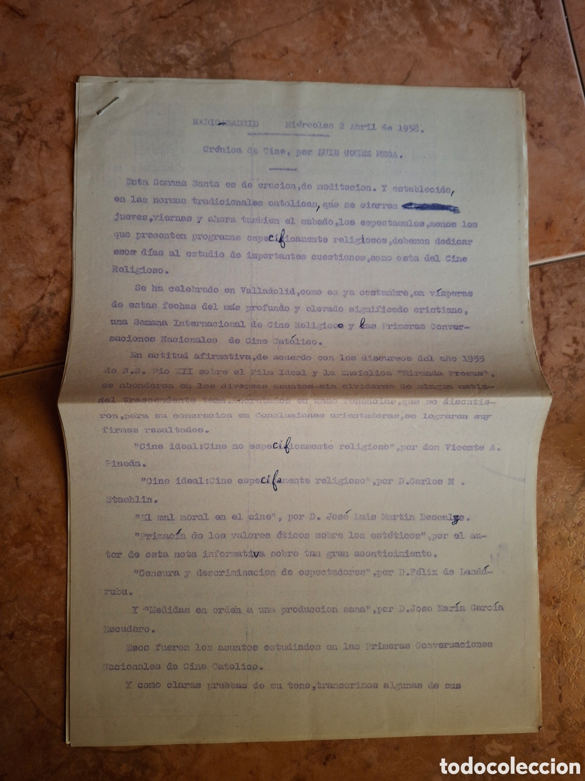 Documentos antiguos: Gui&oacute;n Mecanografiado Radio Madrid 1958 - Cr&oacute;nica Cine Cat&oacute;lico Valladolid (Seminci)
