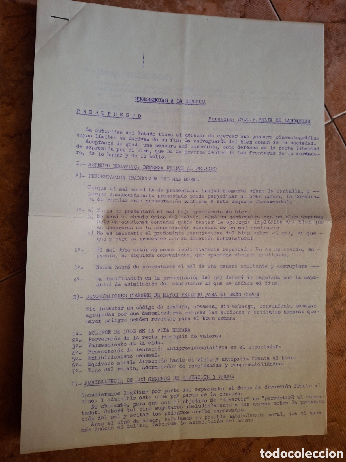 Documentos antiguos: Documento Hist&oacute;rico Censura Cine Franquista - R.P. F&eacute;lix de Landaburu (Borrador/Propuesta)