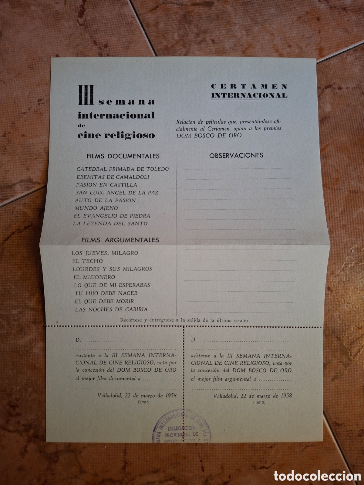 Documentos antiguos: Rareza Seminci 1958 - Papeleta Votaci&oacute;n &Iacute;ntegra III Semana Cine Religioso Valladolid - Dom Bosco