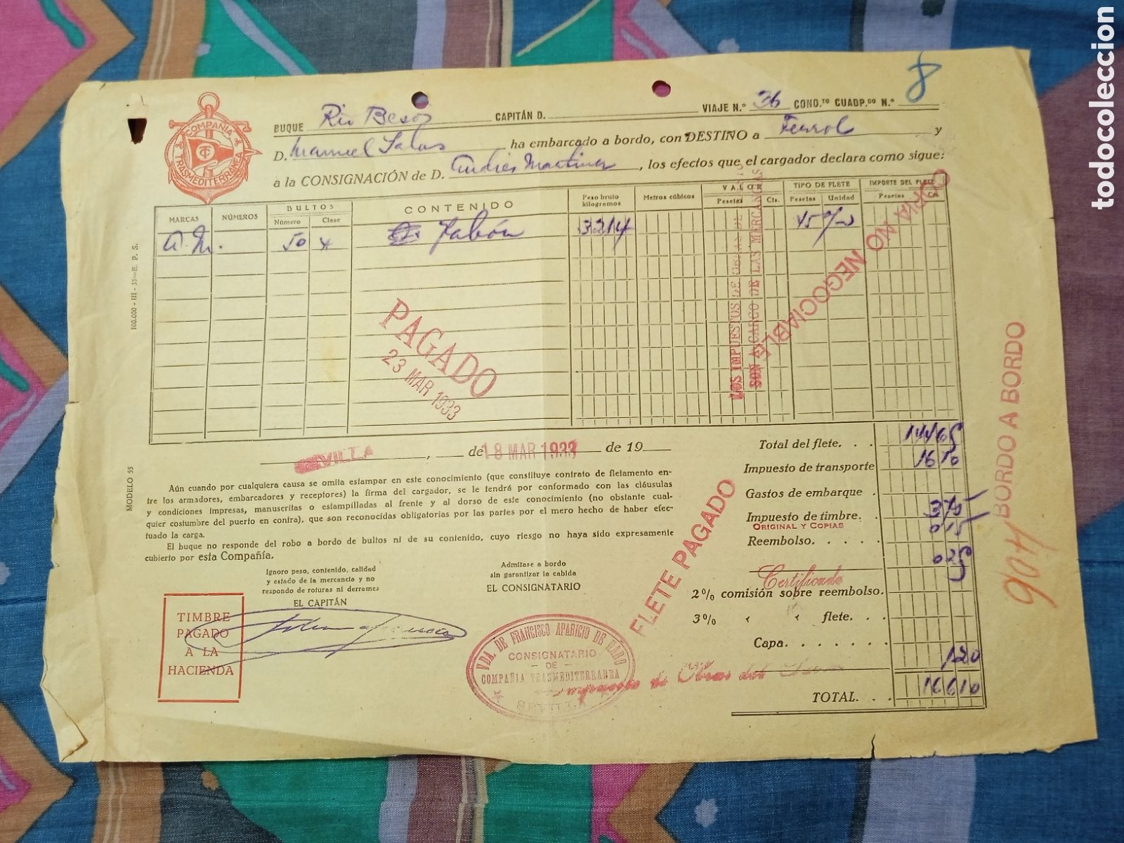Documents Anciens: DOCUMENTO DEL A&Ntilde;O 1933 DE LA COMPA&Ntilde;IA TRASMEDITERRANEA BUQUE R&Iacute;O BES&Oacute;S DESTINO: FERROL