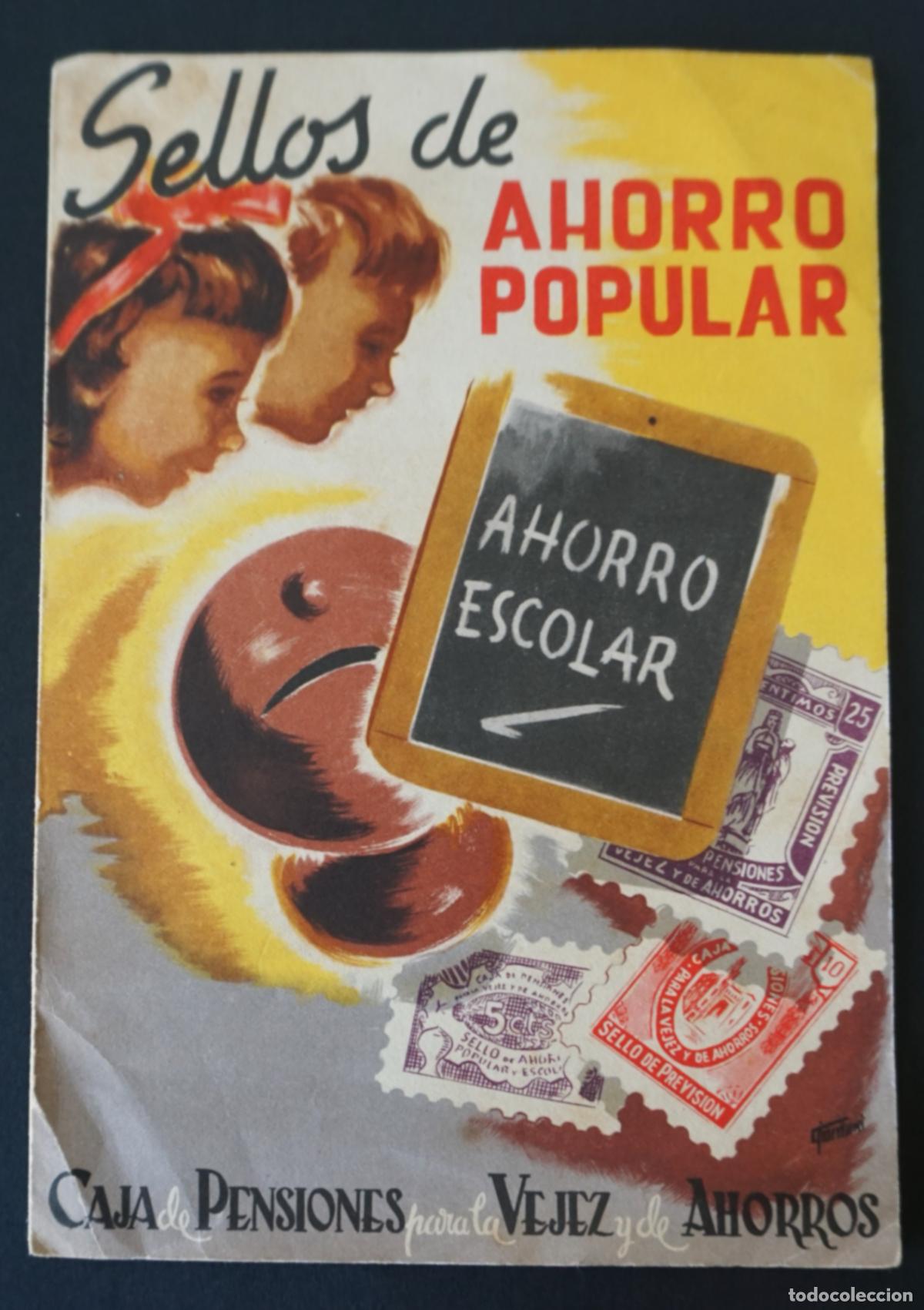 Documentos antiguos: D&iacute;ptico de propaganda de los Sellos de ahorro Popular de la Caja de Pensiones, a&ntilde;o 1963