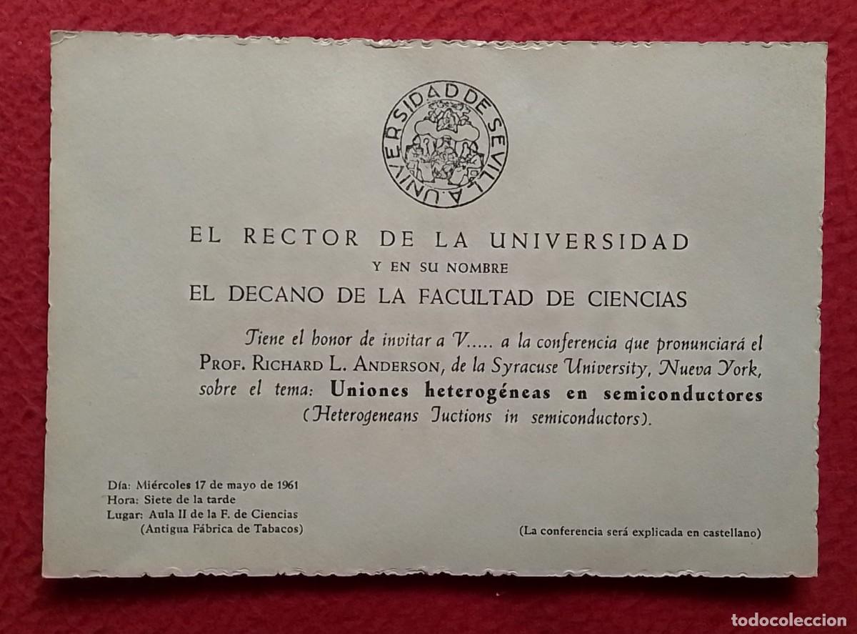 Documentos antiguos: INVITACI&Oacute;N UNIVERSIDAD SEVILLA 1961 CONFERENCIA PROF. RICHARD L. ANDERSON DE LA SYRACUSE UNIVERSITY.