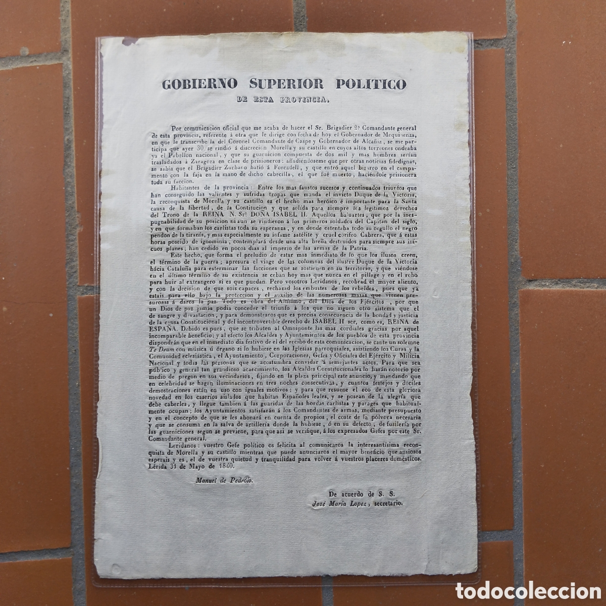 Documentos antiguos: MANUEL DE PEDROLO GOMAR DOCUMENT RENDICI&Oacute; DE MORELLA 1840