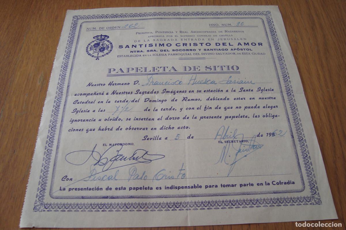 Documentos antiguos: RELIGION. ANTIGUA PAPELETA DE SITIO. COFRADIA SANTISIMO CRISTO DEL AMOR. EL SALVADOR. SEVILLA 1962
