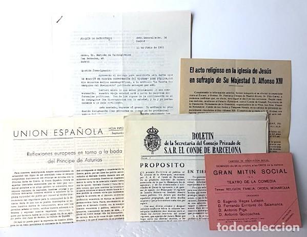 Documents Anciens: Documentos Restauraci&oacute;n Mon&aacute;rquica (Carta + anuncios + Bolet&iacute;n Consejo de D Juan + Uni&oacute;n Espa&ntilde;ola.
