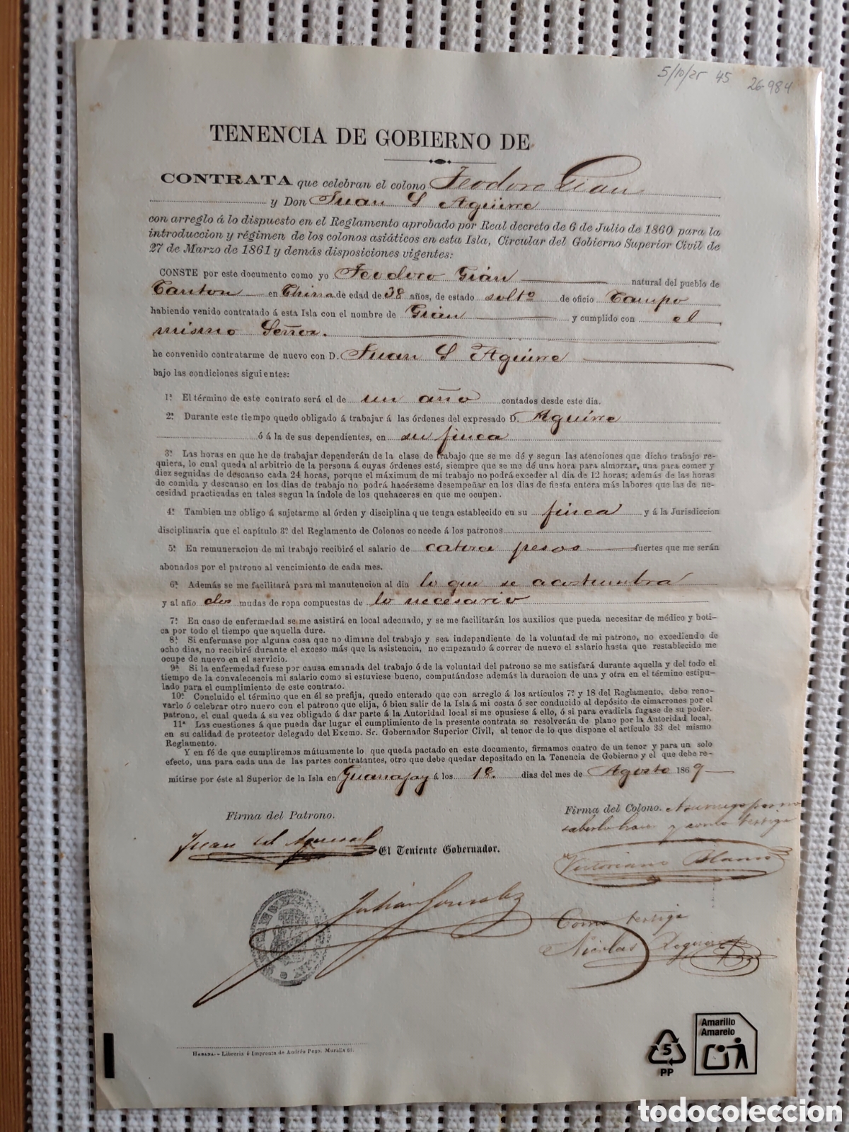 Documentos antiguos: 26-984 CONTRATA QUE CELEBRAN EL COLONO ASI&Aacute;TICO TEODORO