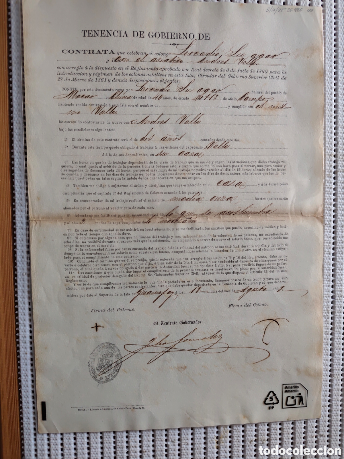 Documentos antiguos: 26-985 CONTRATA DEL COLONO ASI&Aacute;TICO LEOCARDIO SU GGAO