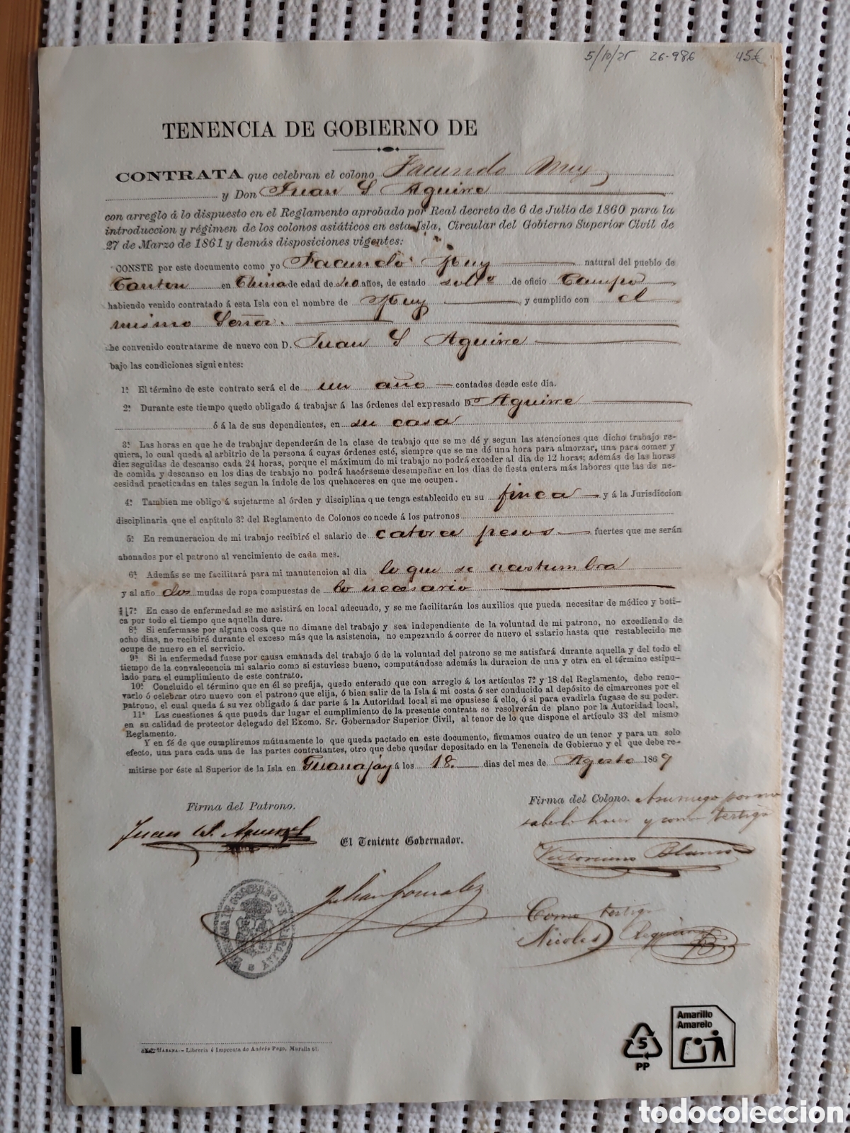 Documentos antiguos: 26-986 CONTRATA DEL COLONO ASI&Aacute;TICO FACUNDO MUY.