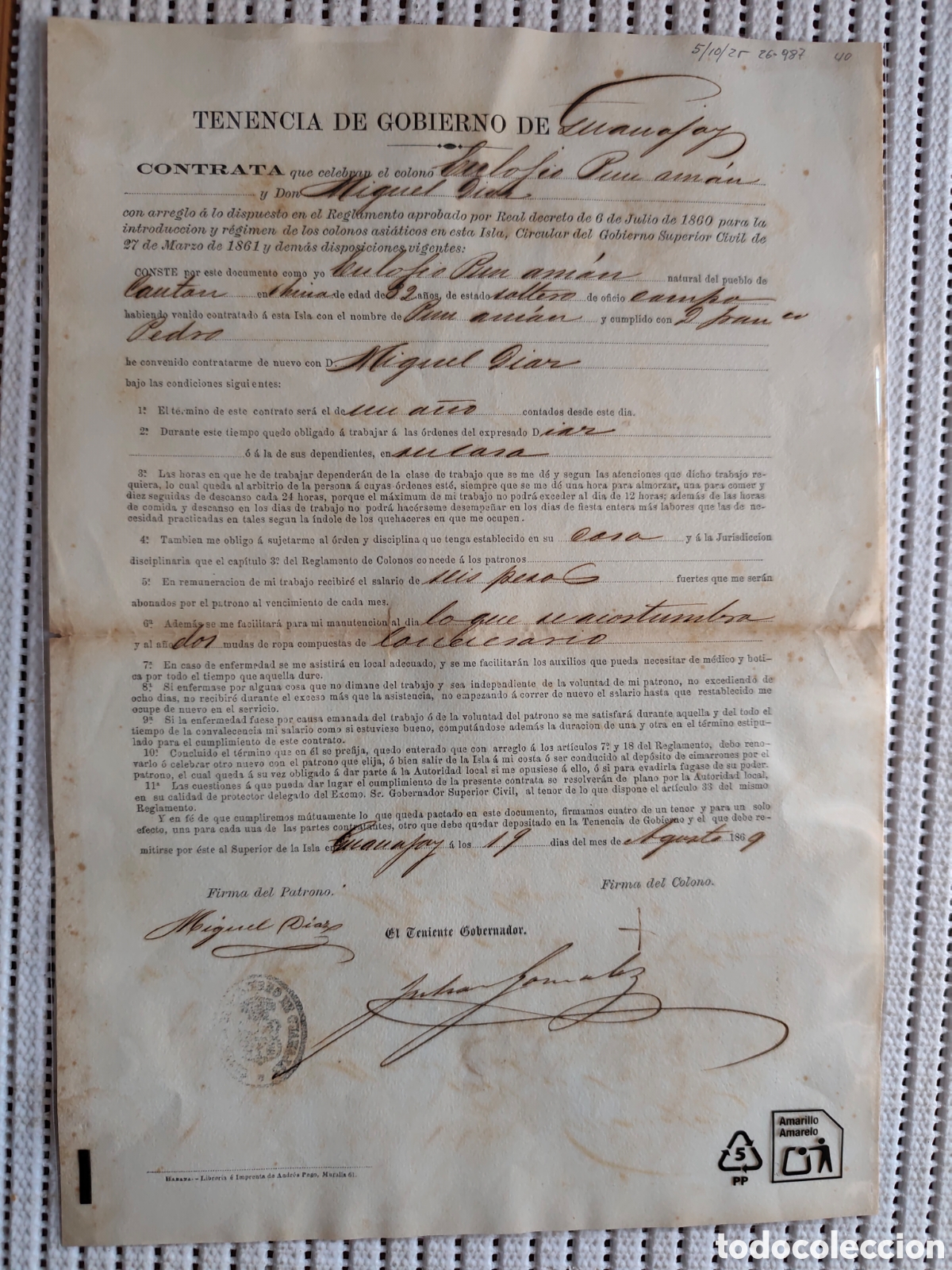 Documentos antiguos: 26-987 CONTRATA DEL COLONO ASI&Aacute;TICO EULOGIO PUN.